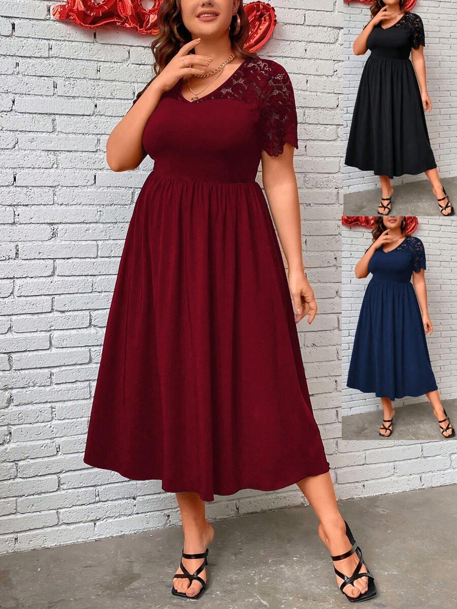 SHEIN Clasi Vestido De Talla Grande De Color Sólido Con Parche De Encaje En V-cuello - Burdeos - Ver 1