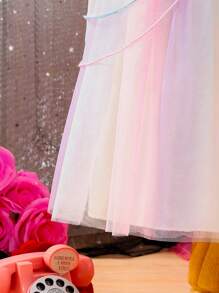 SHEIN Young Girl Rainbow Puffy Tulle Mesh Cake Dress, Suitable For Gorgeous Autumn - Multicolor - View 5