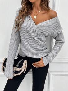 SHEIN LUNE V-neck Wrap Cross Knitted Sweater - Light Grey - View 6