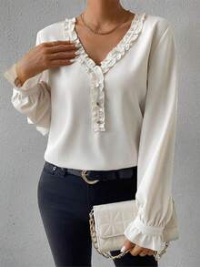 SHEIN Privé Women's Ruffle Sleeve Shirt With Frill Edge Design - Apricot - View 5