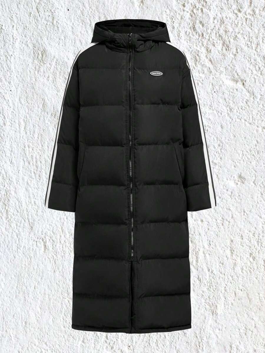 SHEIN EZwear 字母拼接细节撞色侧缝拉链连帽夹棉大衣 - 黑色 - 查看 1