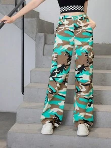 SHEIN Teen Girls' Casual Fashionable Vintage Style Camouflage Denim Straight Leg Pants - Brown - View 4
