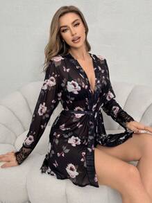 Floral Printed Spliced Mesh Sleepwear Robe - Multicolor - View 2