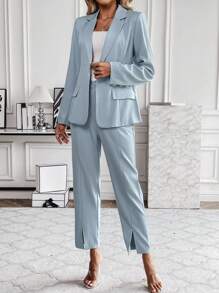 SHEIN Clasi Solid Single Button Blazer & Split Hem Pants - Blue - View 4