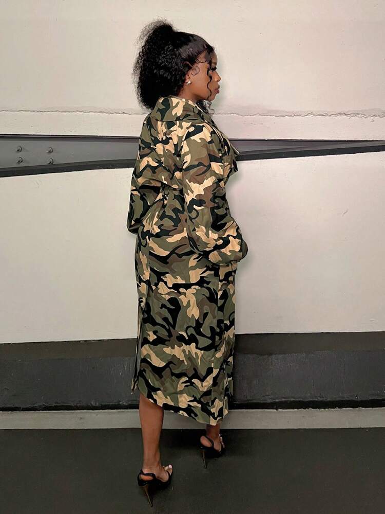 Ladies' Camouflage Turn-Down Collar Trench Coat