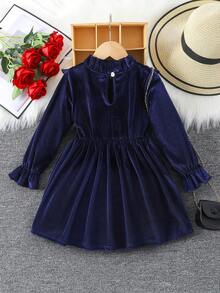 SHEIN Young Girl Ruffle Trimmed Ribbon & Bow Decorated Dress - Navy Blue - View 2