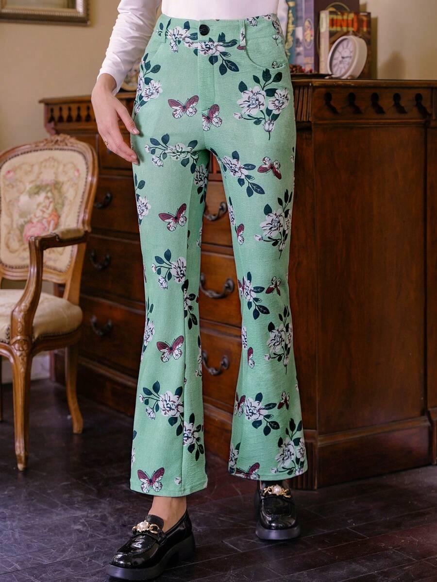 Chiquease Women's Flower Printed Long Pants Fall Cloth For Women - Green - View 1