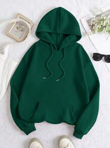 SHEIN EZwear 標語圖案袋鼠口袋抽繩保暖襯裡連帽衫 - 墨綠色 - 查看 2