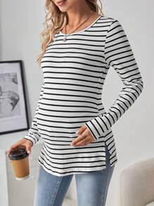 SHEIN Maternity Striped Side Slit T-shirt - White - View 1