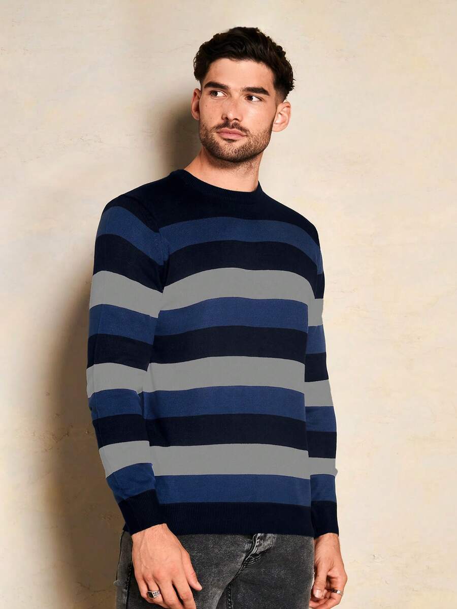 SHEIN Cottnline Men's Striped Colorblock Round Neck Sweater - Blue - View 1