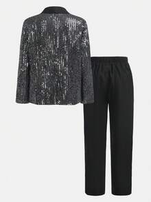 SHEIN 適合十幾歲男孩的雙排釦立領西裝，長褲具有優雅紳士風格，2件套裝 - 黑色 - 查看 2