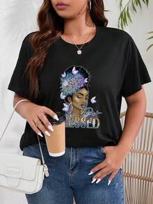 SHEIN Unity Của phụ nữ Kích thước lớn Nhân vật In Áo thun - màu đen - Xem 5