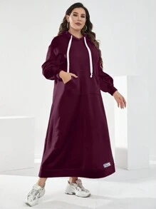Mulvari Burgundy Red Women'S Plus Size Sweatshirt Dress With Letter Patch And Drawstring - Burgundy - View 1
