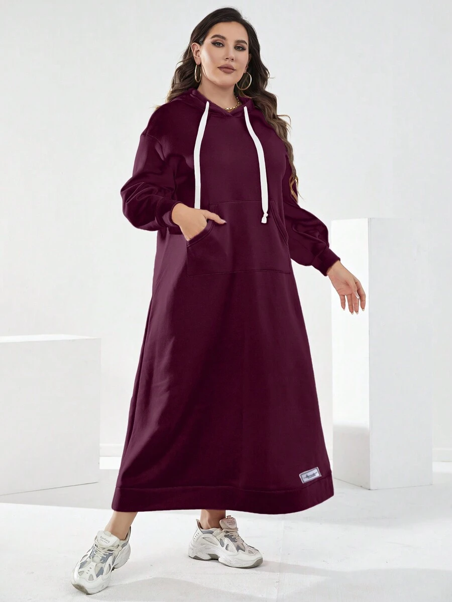 Mulvari Burgundy Red Women'S Plus Size Sweatshirt Dress With Letter Patch And Drawstring - Burgundy - View 1