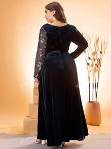Women's Large Size V-Neck Asymmetrical Cross Sequin Embroidered Stitching Velvet A-Line Long Dress