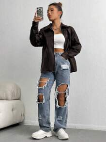 SHEIN Unity Da giả Phù hợp thường Áo khoác - Rỉ Nâu - Xem 1