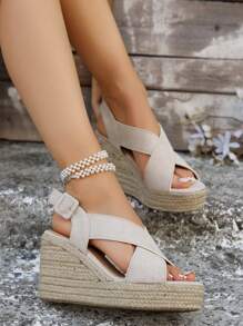 Giày Xăng Đan Đế Dày Vintage Cho Nữ, Mùa Hè Mới Cao Gót Quai Ngang Da Cỏ Dệt Giày La Mã - Màu be - Xem 4