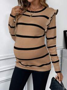 SHEIN Maternity Striped Crew Neck Long Sleeve Ruffled Patchwork Sweater, Autumn/Winter - Brown - View 5