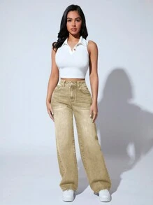 SHEIN PETITE Jeans de pierna recta de talle alto - Caqui - Ver 3