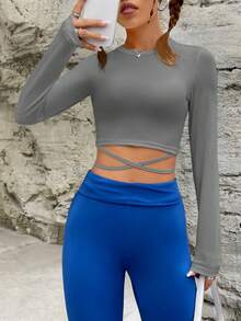 SHEIN EZwear 交叉系带修身个性化T恤 - 灰色 - 查看 4