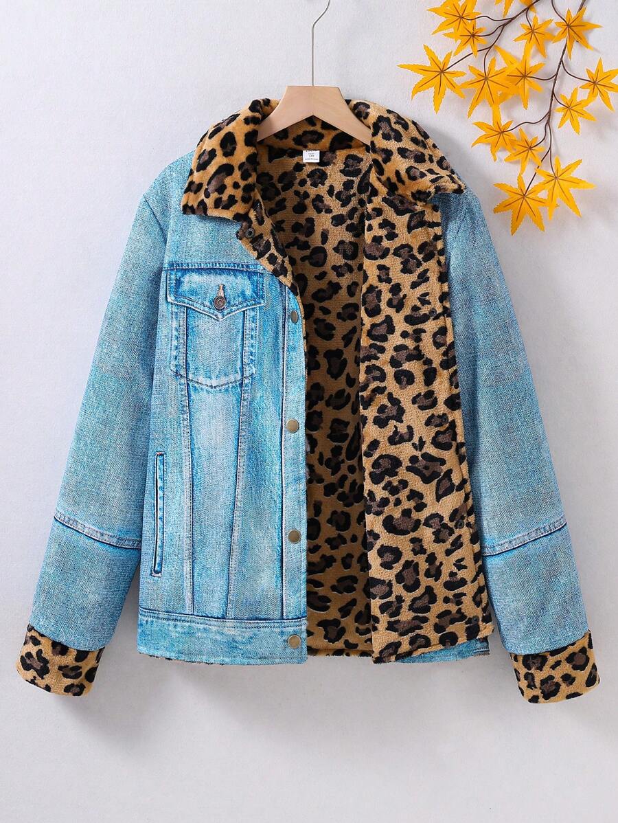 SHEIN 青少年女孩休闲衬衫领撞色豹纹夹克，带保暖内衬，冬季 - 藍色 - 查看 1