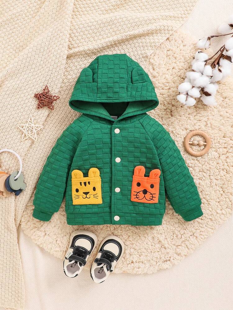 Baby Boys' Cute 3d Cartoon Pocket Hooded Plaid Jacket