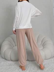 Letter Graphic Drop Shoulder Lounge Set - Khaki - View 2