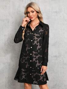 SHEIN Tall Vestido Abotonado De Jacquard Para Mujer Con Dobladillo Con Volantes - Negro - Ver 3