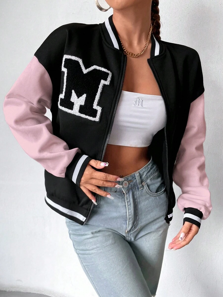 SHEIN Unity College Style Letter Applique Zipper Front Baseball Jacket Fall Winter Cloth For Women - Multicolor - View 1