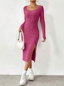 SHEIN Essnce 純色高開衩長袖連身裙 - 玫紅色 - 查看 5