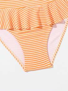 Conjunto De Bikini Con Volantes Y Rayas Para Niña Joven Con Adornos Decorativos - Amarillo - Ver 3