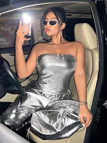 Flirla 大尺碼女派對抹胸上衣 - 銀色 - 查看 1