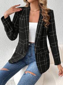 SHEIN Tall Women'S Checked Lapel Blazer - Black - View 3