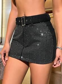 SHEIN BAE 女式水鑽裝飾束帶牛仔裙