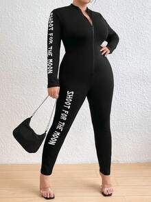 SHEIN Coolane 加大號標語圖形拉鍊連身跳傘服 - 黑色 - 查看 4