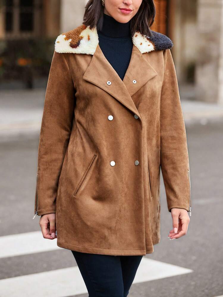 Women'S Lapel Collar Double Breasted Regular Fit Coat