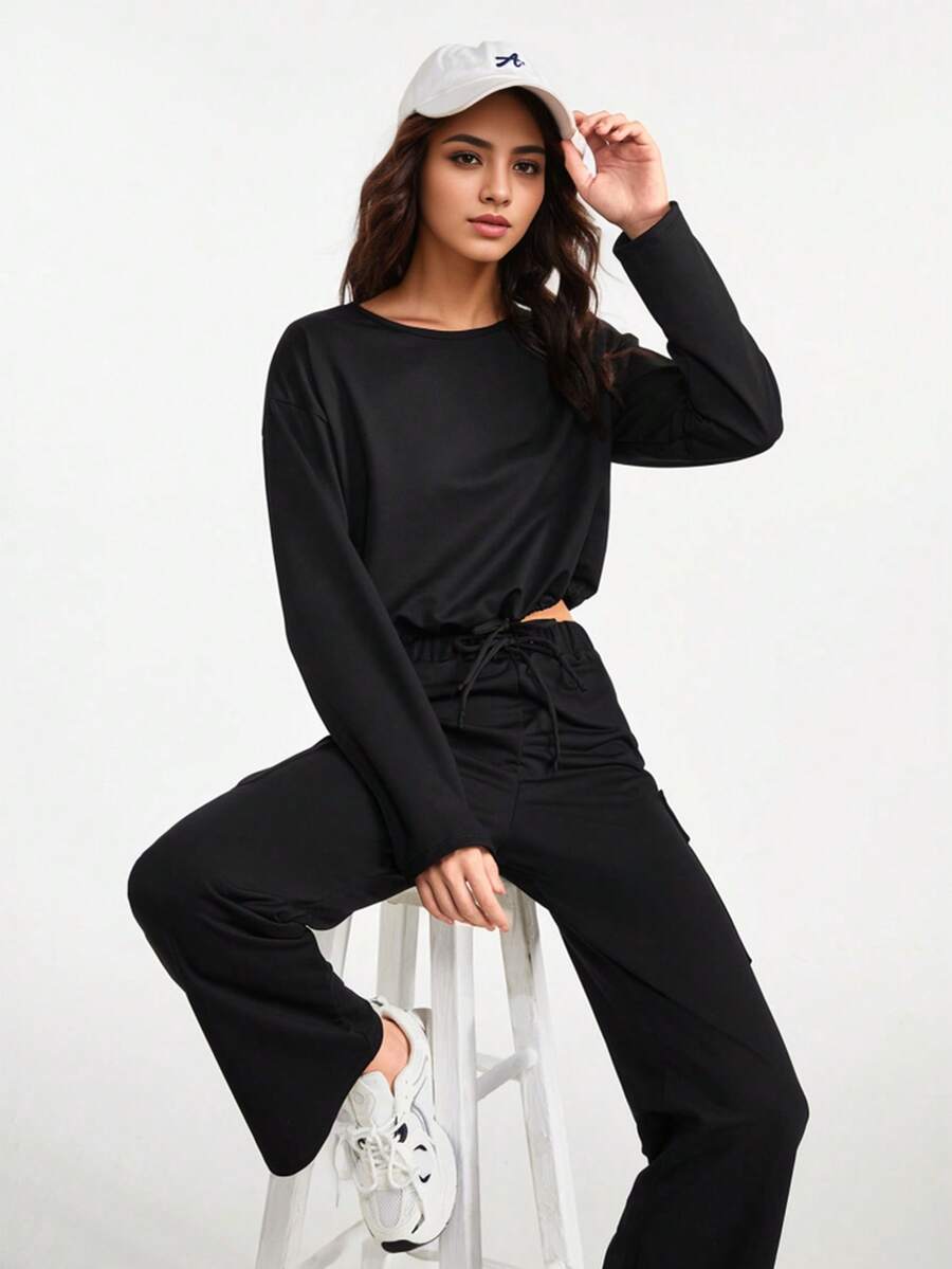 Daily&Casual 素色抽繩運動2件套套裝 - 黑色 - 查看 1