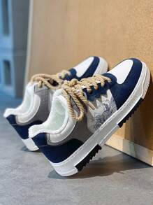 2024 Hàng mới về Giày thể thao bằng da sang trọng mùa đông chắp vá dành cho nam có khối màu cắt thấp, nhiều màu sắc, giày trượt băng đi bộ đường phố sang trọng ngắn (Mẫu ngẫu nhiên) - Màu xanh hải quân - Xem 6