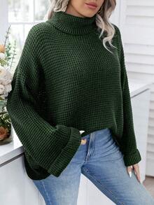 Calvaya 大尺寸純色高領落肩毛衣 - 墨綠色 - 查看 6