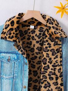 SHEIN 青少年女孩休闲衬衫领撞色豹纹夹克，带保暖内衬，冬季 - 藍色 - 查看 4