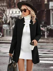 SHEIN Clasi Women's Collarless Open-front Woolen Coat - Black - View 4