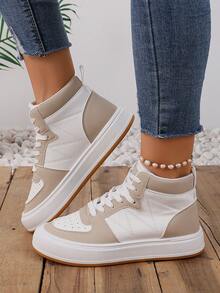 女士高筒運動鞋,休閒,運動,時尚,拼接色塊,厚底白鞋 - 卡其色 - 查看 5