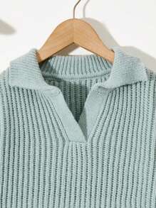 SHEIN Cô gái Tween Cổ áo Polo Áo len - Màu xanh Bạc hà - Xem 3