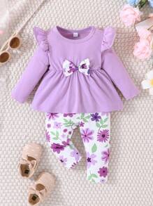 Baby Girls' Spring & Autumn Long Sleeve Ruffle Detail Top With Bow And Flower Printed Pants - Purple - View 1