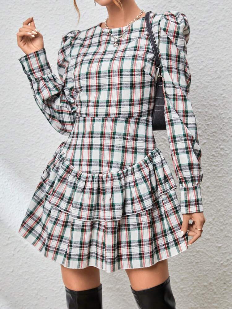 Plaid Print Puff Sleeve Ruffle Hem Dress