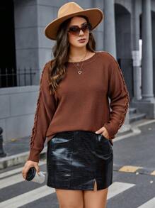 Calvaya Plus Solid Raglan Sleeve Sweater - Brown - View 7