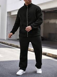 Manfinity Homme Conjunto de chaqueta con cremallera y pantalones de unicolor para hombre de talla grande, ropa de otoño