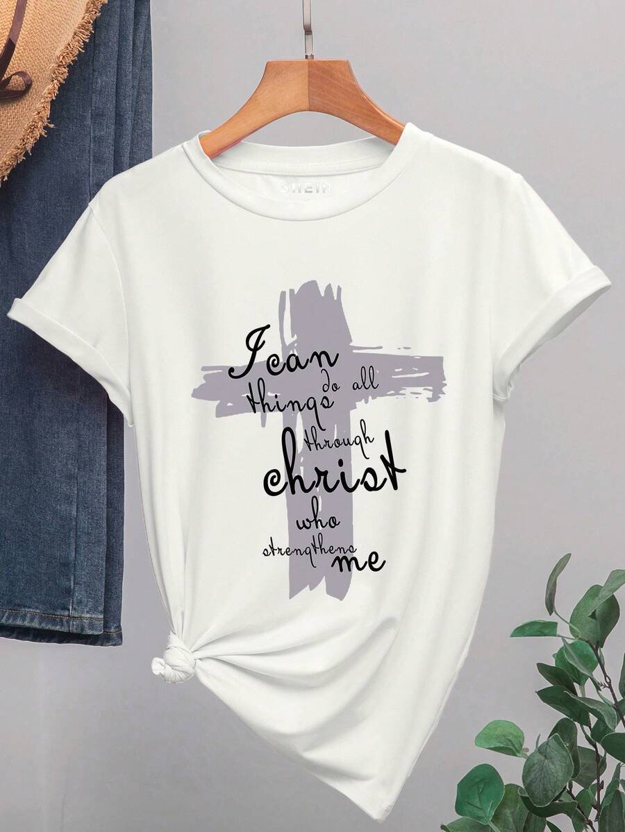 SHEIN LUNE Của phụ nữ In Trang trí Áo thun - trắng - Xem 1