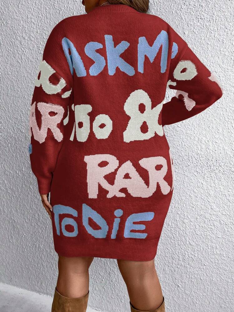 Plus Size Letter Print Drop Shoulder Sweater Dress