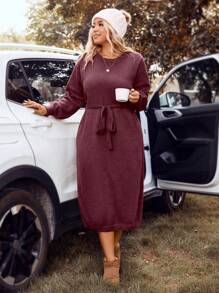 SHEIN LUNE Plus Size Solid Color Lantern Sleeve Sweater Dress With Belt Winter Fall Autumn - Burgundy - View 1
